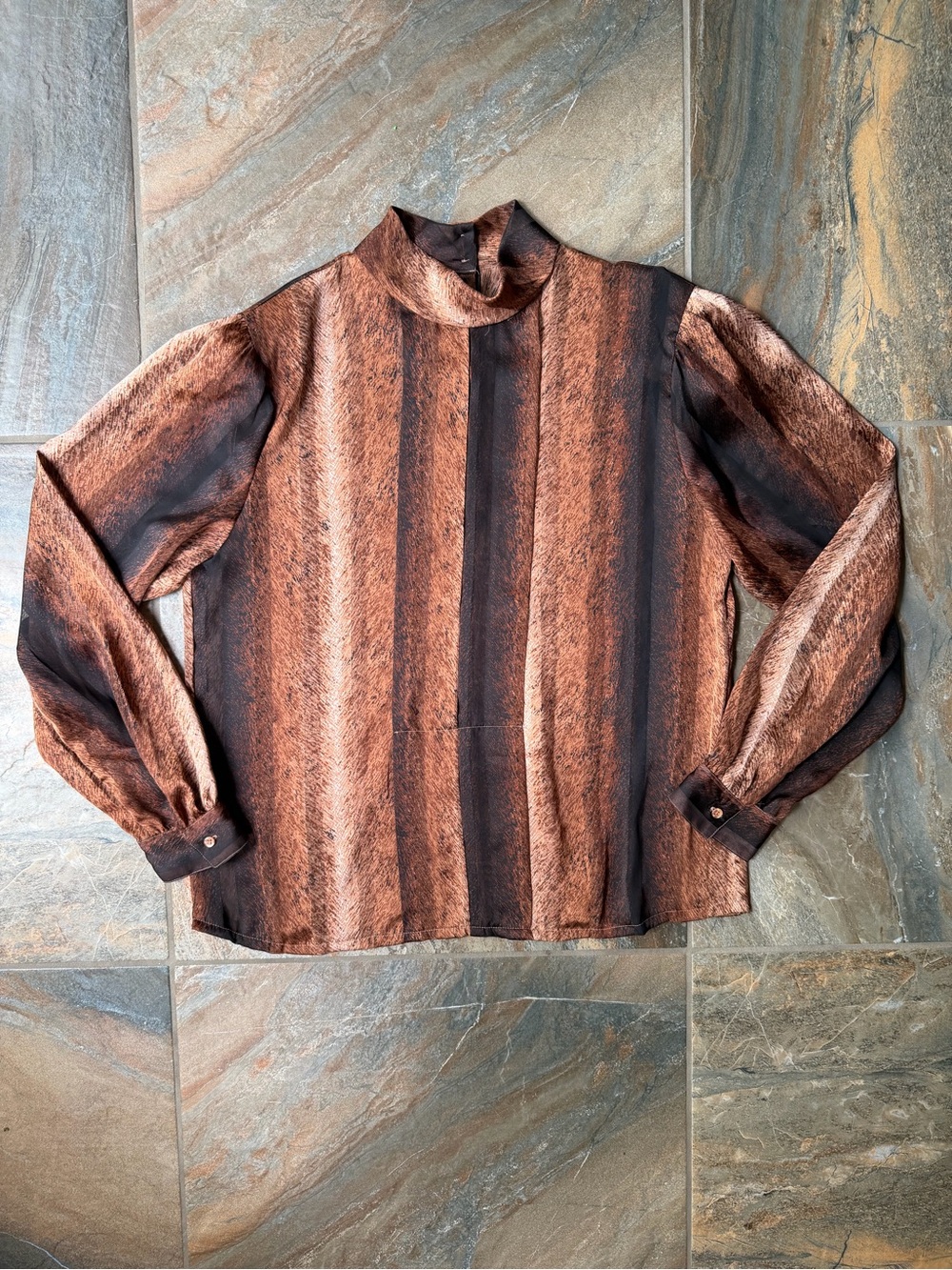 Vintage Nicola Mock Neck Blouse Size 14 Brown Animal Print Striped Satin Top